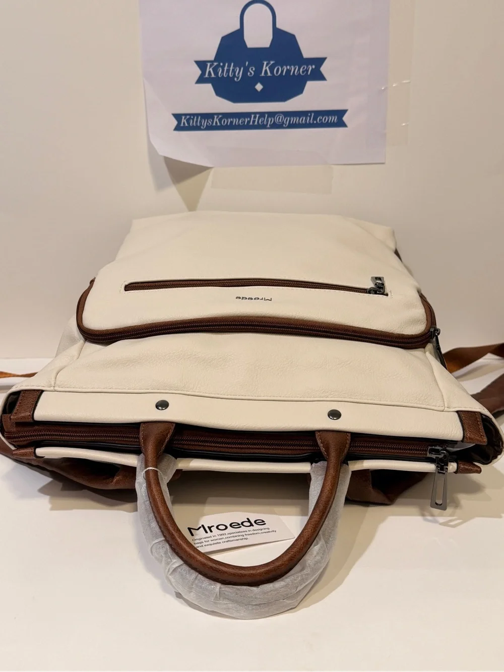 NWT Mroede Convertible Women's Laptop Backpack in Cream and Brown Color
